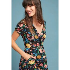 Maeve Anthropologie Bloedel Floral Dress Black Butterfly Ruffle V-neck Midi Sz 8